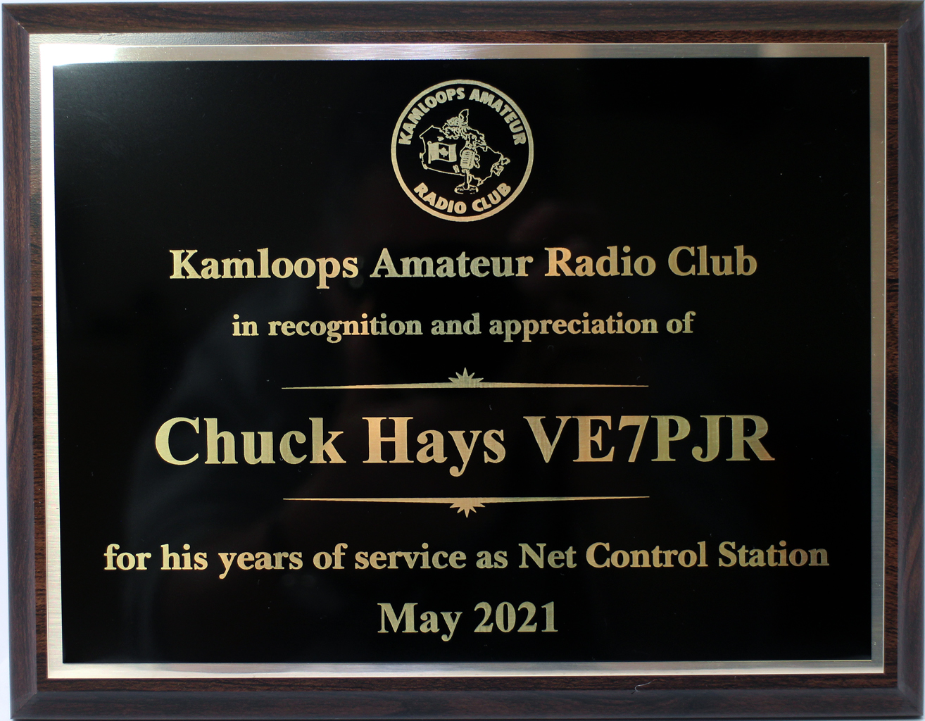 Appreciation Award presented to Chuck, VE7PJR for his service as Net Control
